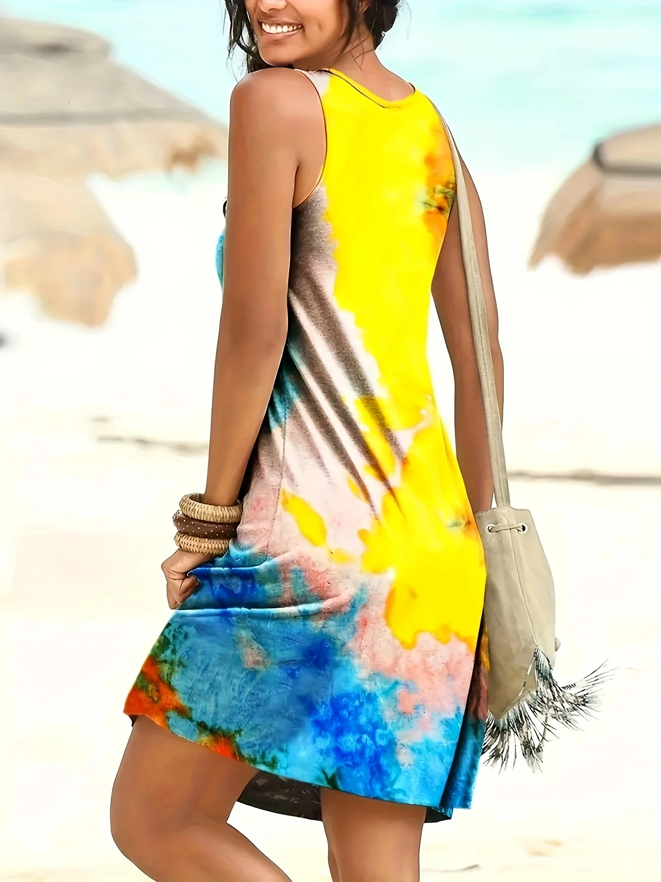 Plus Size Womens Summer Tie-Dye Pleated Sleeveless Dress Beach Tank Dress Vestidos De Verano Mujer 24