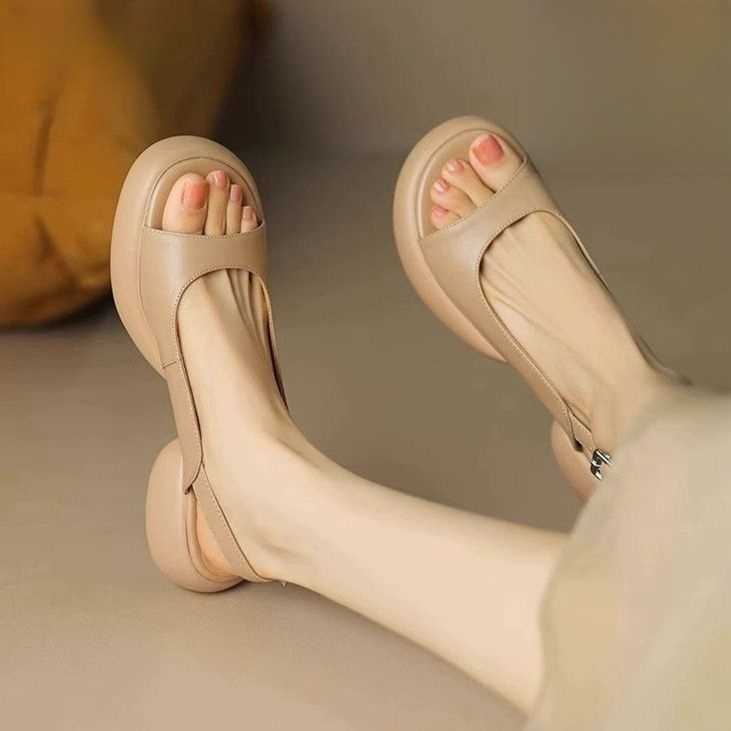 Leather round head platform open-toed sandals for women 2024 summer soft sole leisure commuter all-match chunky heels Q240621
