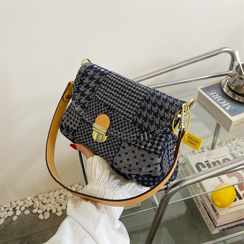 Jeans Designer Vintage Houndstooth Pattern Women 's Shoulder Flap Zipper Denim Handbag Underarm Bag Shopper Tote H6.21#38.4 ddmySept ddmySept