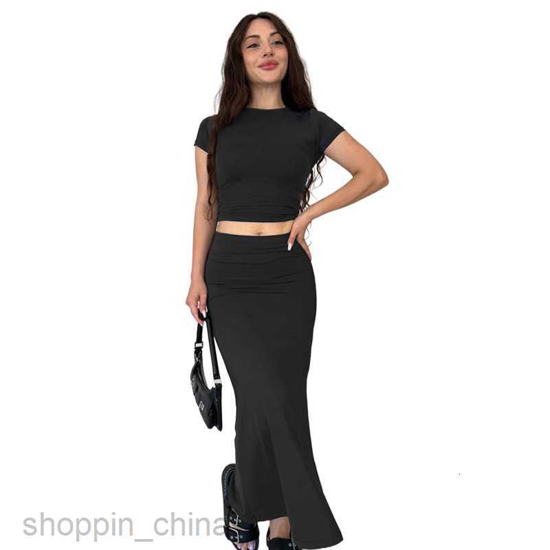 Two Piece Dress Sets Summer New Solid Color Round Neck Short sleeved Top Women Fashion Casual Long Dress Set