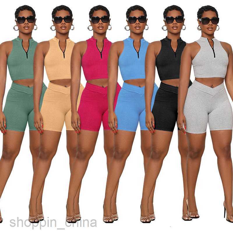 Women's Tracksuits Fashion solid color sports jogging suit Summer New Solid Color Sleeveless Zipper Collar Open Navel Women Casual Shorts Set Set
