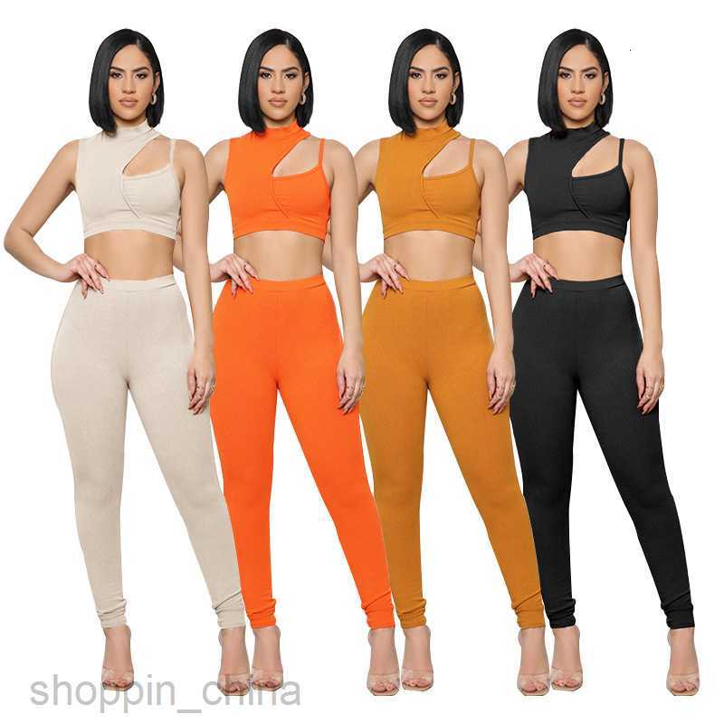 Women's Tracksuits solid color sports jogging suit Spring and summer solid color single shoulder hollowed out sleeveless top women sexy navel pan