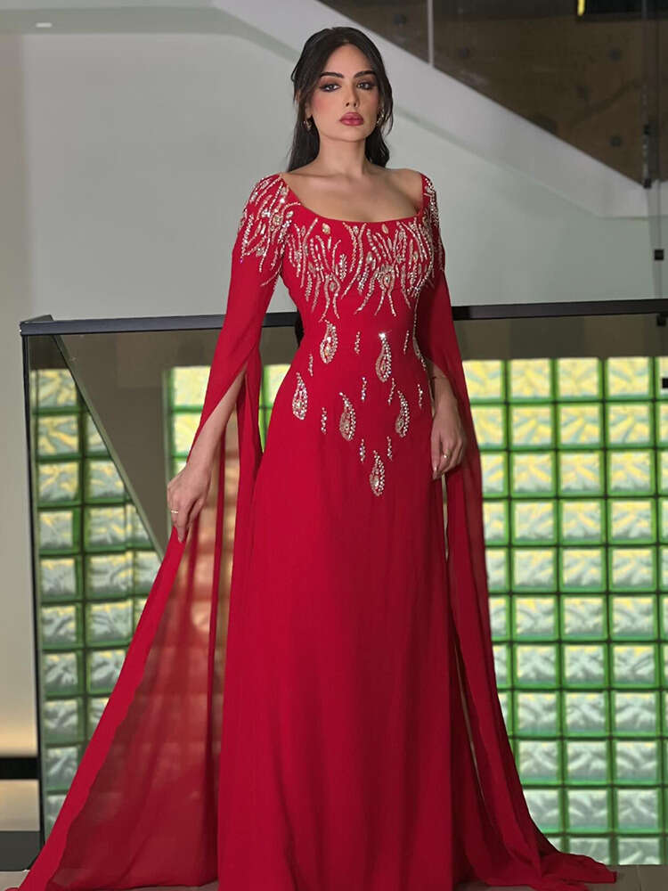 Red Vintage Sexy Square Neck Prom Gowns Arabic Women's Beaded Crystal Party Evening Gown Or Length Formal Ocn Dress 0220