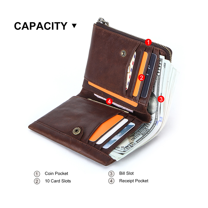 CONTACT'S Genuine Leather Wallets for Men Short Bifold Vintage Men's Wallet Luxury Brand Zip Coin Purses Card Holders Money Clip
