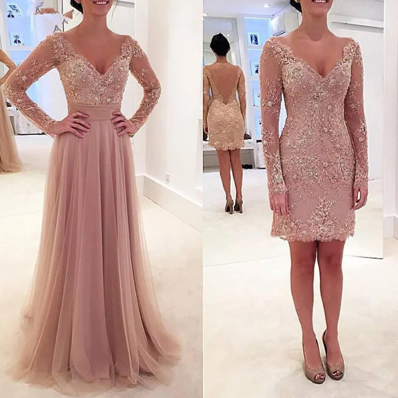 Short Lace Sheath Prom Dresses With Detachable Skirt 2 In 1 Fashion Special Occasion Gowns Backless Long Sleeves Evening Formal Dress Dusty Pink