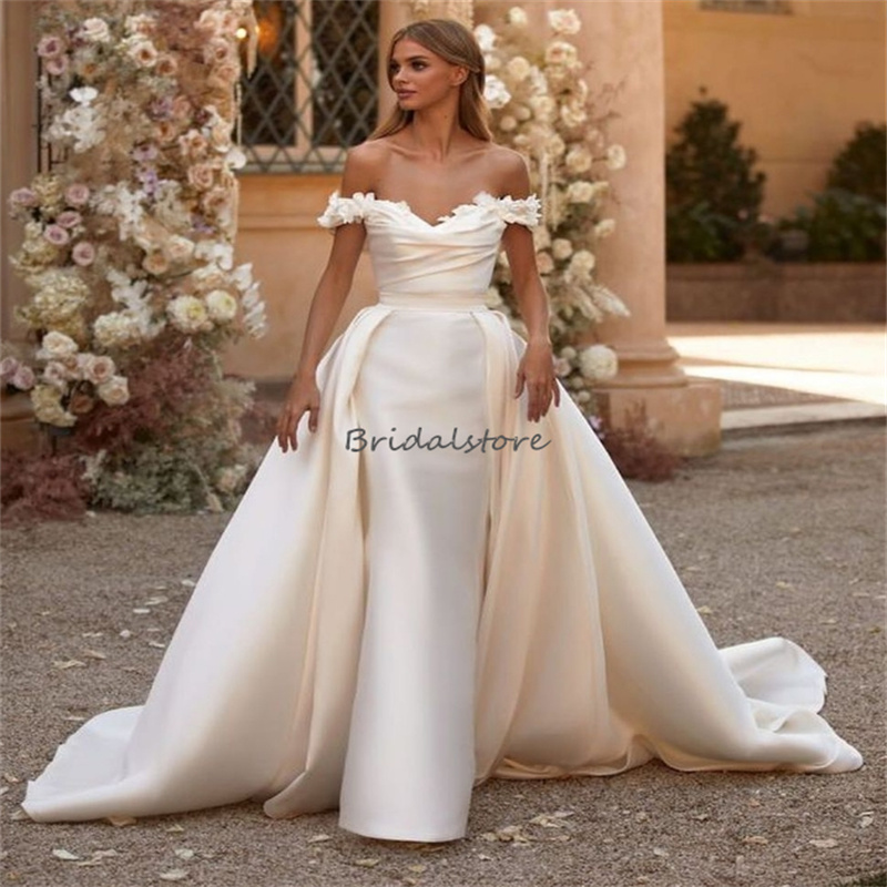 Chic Mermaid Wedding Dresses With Overskirt Train Soft Satin 2 In 1 Country Bridal Gowns Elegant Off Shoulders Lace Up Dubai Bride Dress vestido de ca