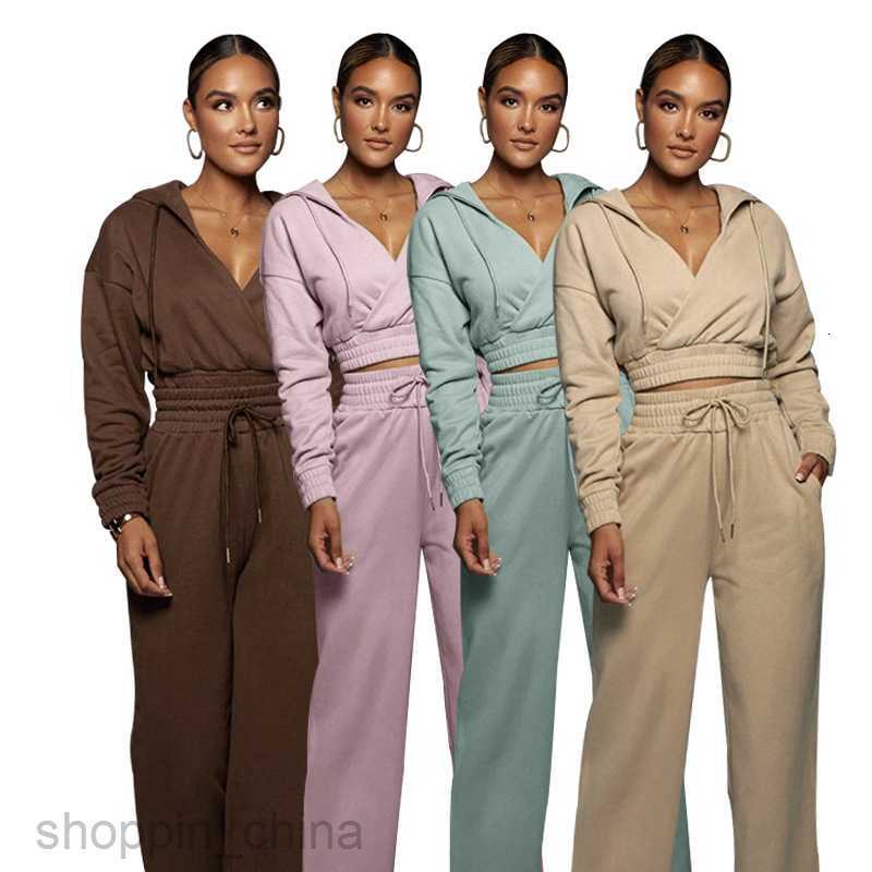Women's Tracksuits Fashion solid color sports jogging suit autumn winter leisure solid color hooded v-pants women fashion slim long sleeve sweate