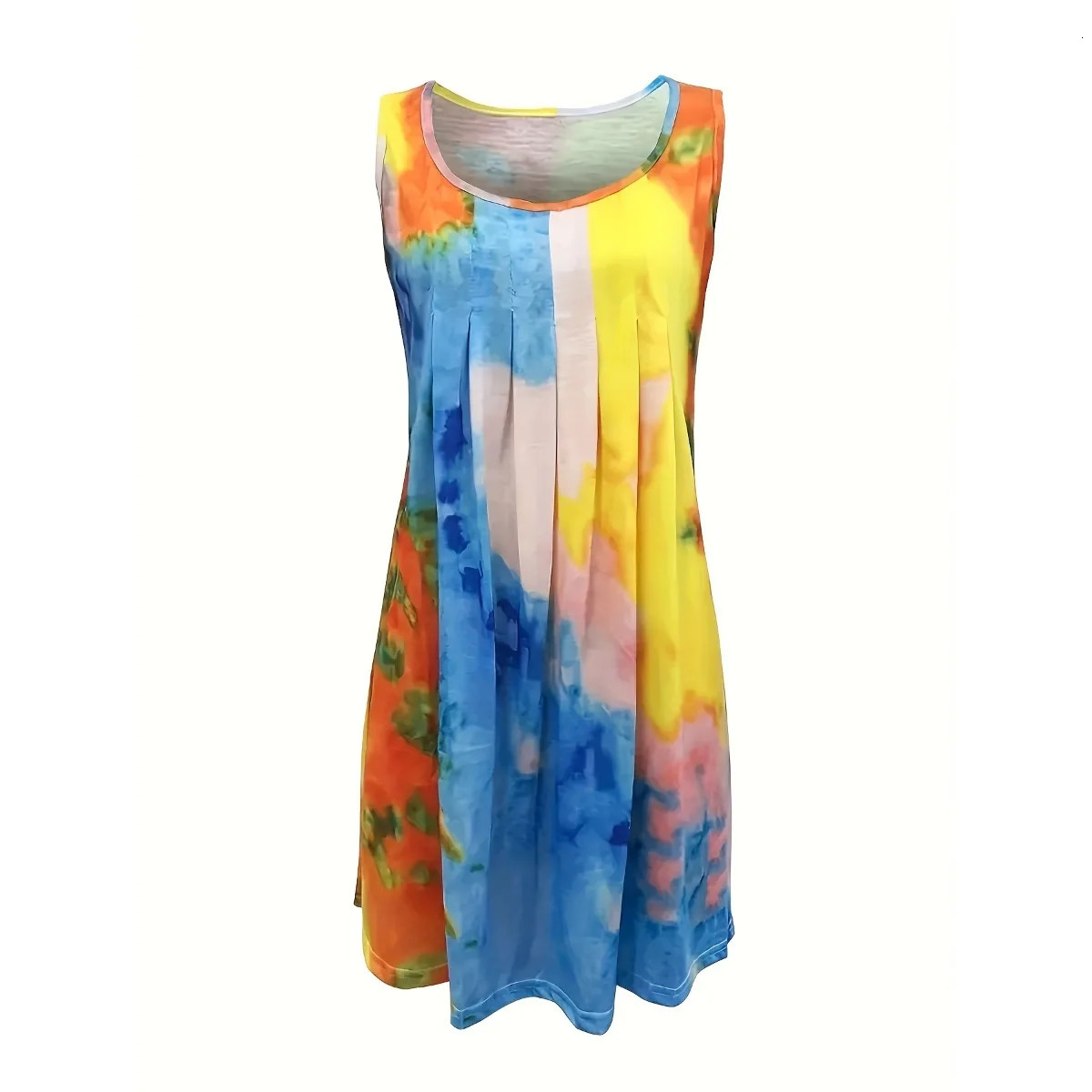 Plus Size Womens Summer Tie-Dye Pleated Sleeveless Dress Beach Tank Dress Vestidos De Verano Mujer 24