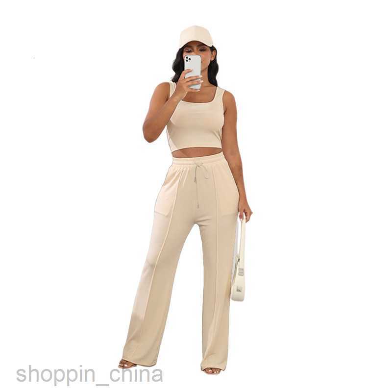 Women Tracksuits Fashion solid color sports jogging suit Summer New Thread Knitted Sleeveless Open Navel Top Women's Two piece High Waist Wide Le