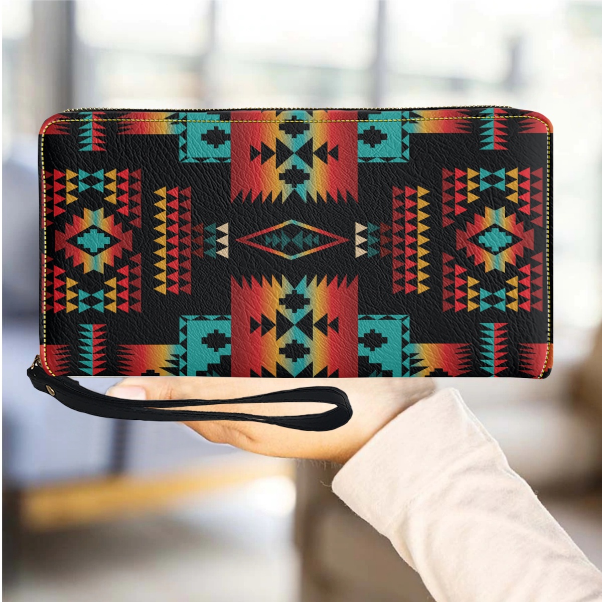 DHwanglijia Tribal Aztec Print Leather Wallet for Women Casual Wrist strap Women's Purse Zipper designer bag Credit Card Holder Female carteras d