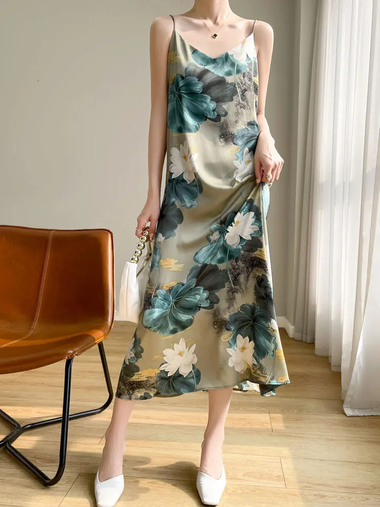 Spring and Summer Womens Dress Colorful Flower Suspender Skirt Satin Silky Dress Cool and Comfortable 240618