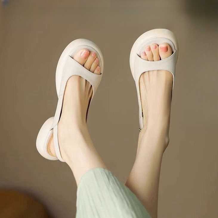 Leather round head platform open-toed sandals for women 2024 summer soft sole leisure commuter all-match chunky heels Q240621