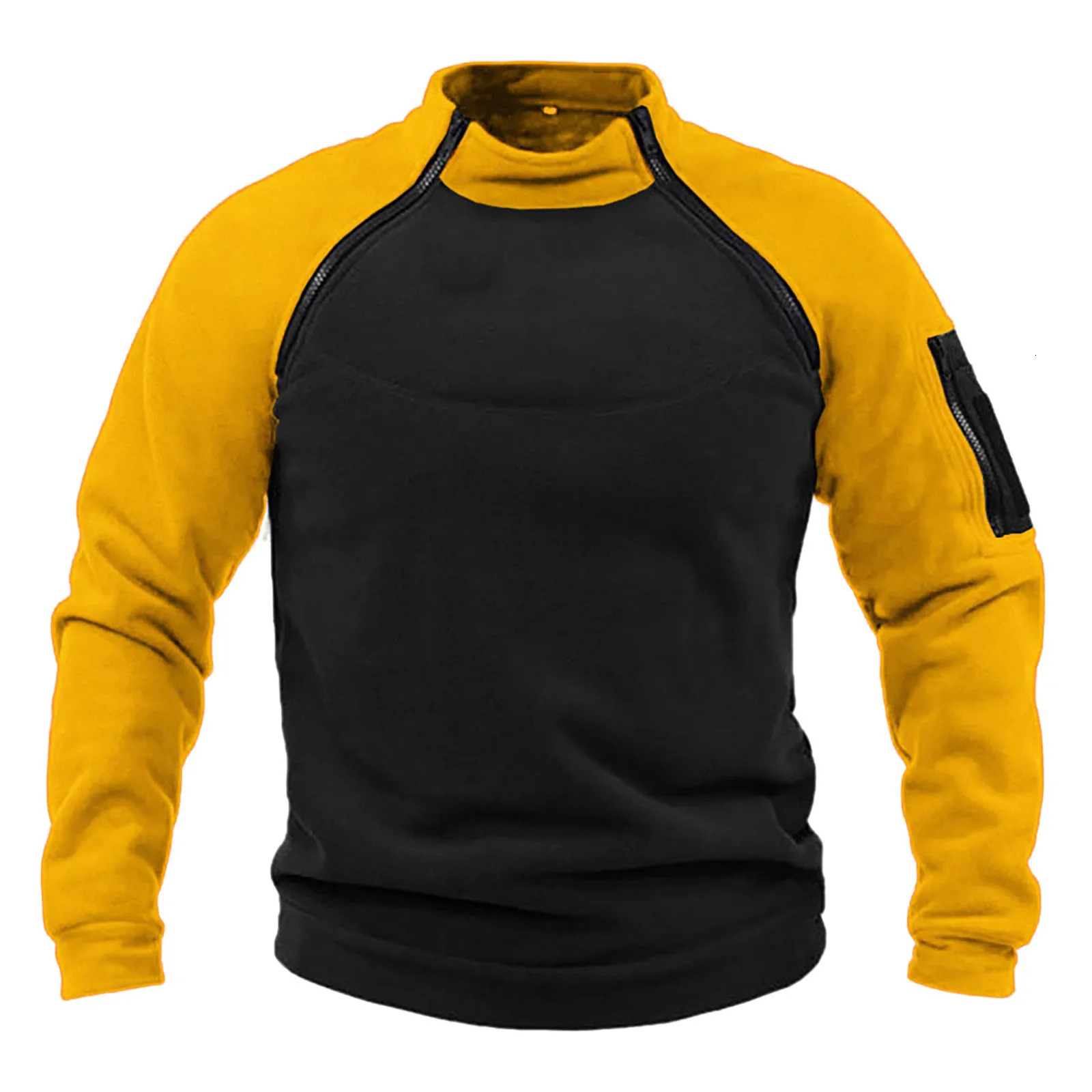 Autumn Winter Fashion Men Fleece Hoodies Patchwork Outdoor Climbing Trekking Thicken Pullover Stand Collar Tactical Sweatshirt 240620