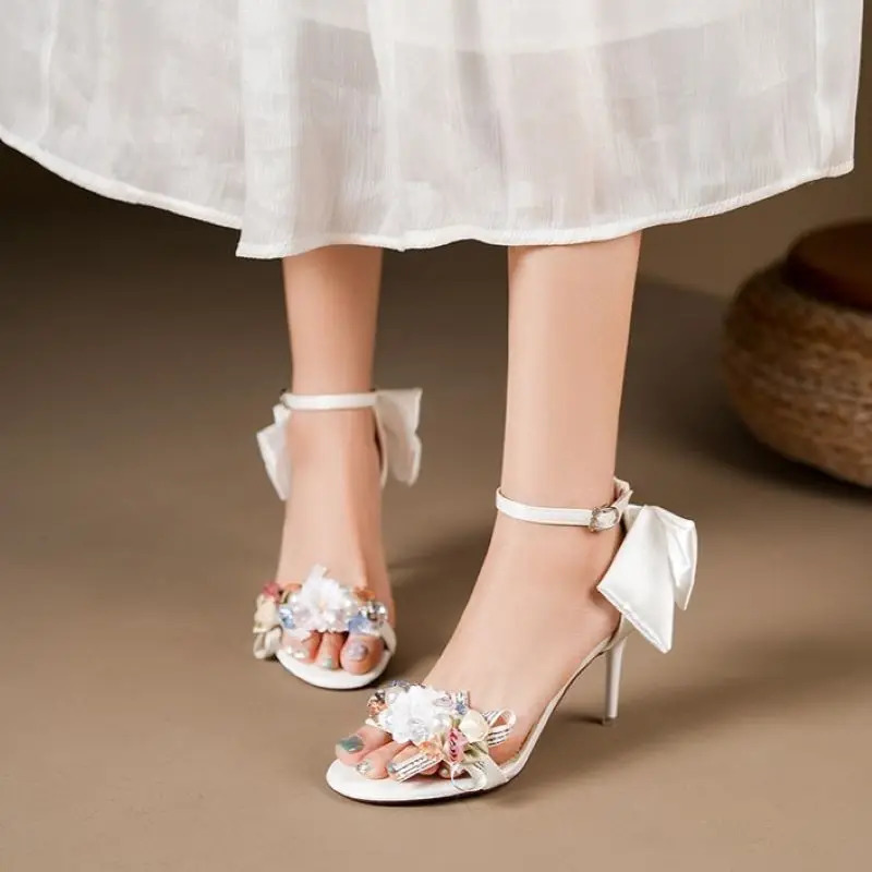 2024 Summer Fashion Women Pumps Open Toe Satin Flower Bow Buckle High Heel Sandals Dress Wedding Shoes 240620