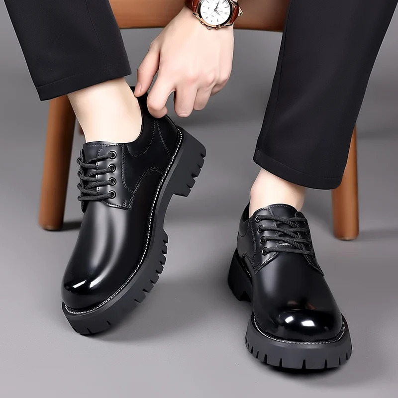 Spring Outdoor Mens Leather Shoes Platform Oxfords Male Derby Shoes Casual Sneakers Mens Lace Up Thick Soled Formal Dress Shoes 240621