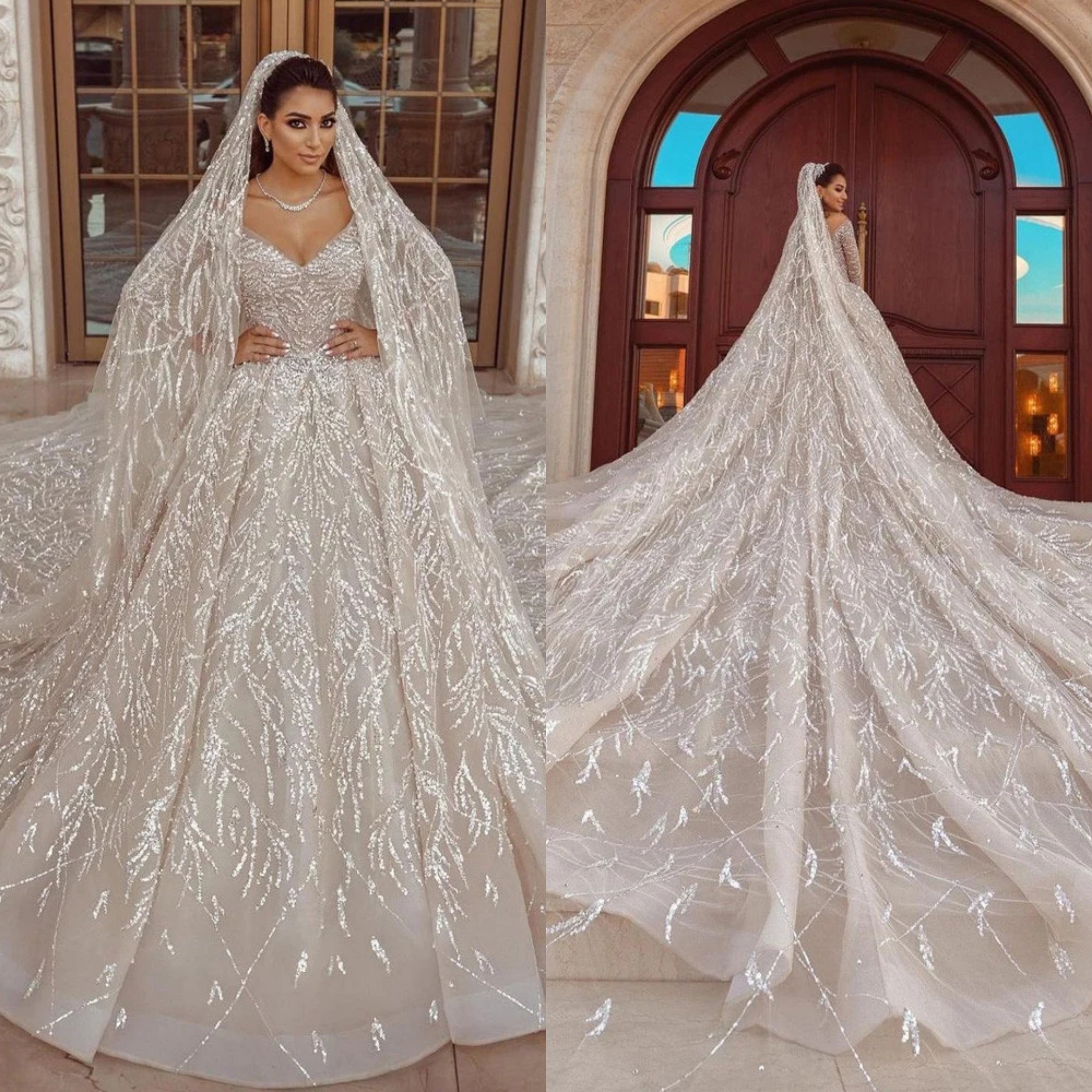 Illusion A-e Women Wedding Dress V Neck Long Sleeves Bridal Gown Sequins Chapel Train Dresses Custom Made