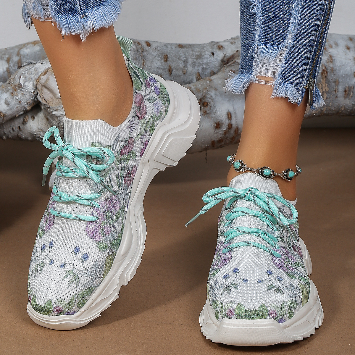 Casual Flower Ddmysports Women Fashion Flat Sole Running Shoes Lace Up Lightweight Mesh Sneakers Outdoor
