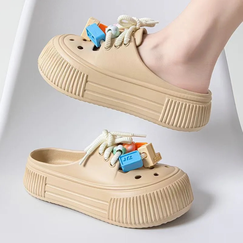 Womens Hole Shoes Fashion Platform Sandals Increase Baotou Sandal Summer Casual Lace-up Half Slipper Non-slip Beach Shoes 240620