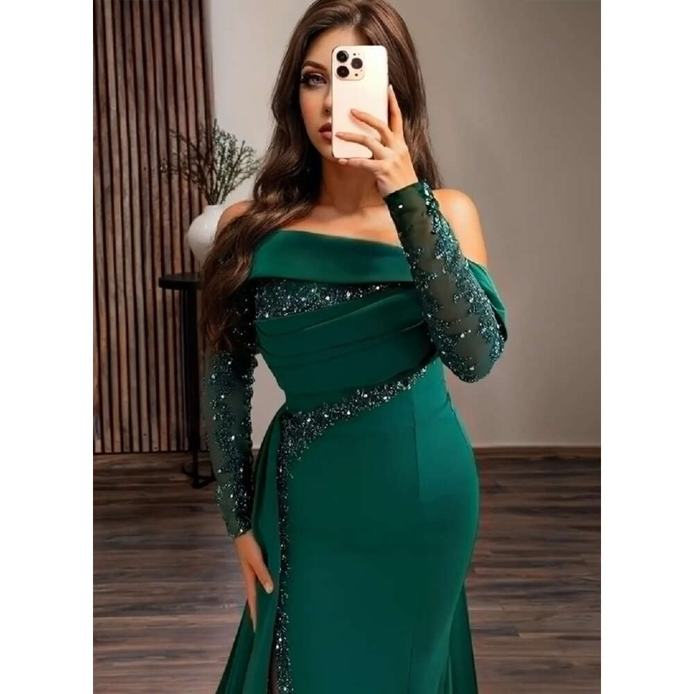 Elegant Green Satin Mermaid Dresses Strapless Sequins Sleeves Side Split Evening Dress or Length Formal Prom Gowns