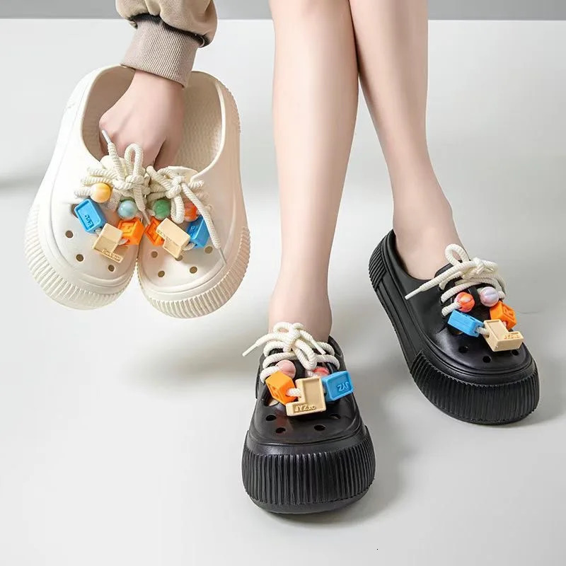 Womens Hole Shoes Fashion Platform Sandals Increase Baotou Sandal Summer Casual Lace-up Half Slipper Non-slip Beach Shoes 240620