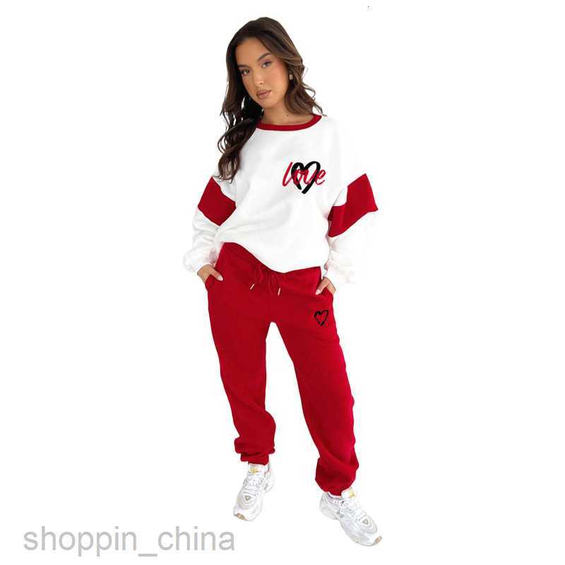 Women Tracksuits Fashionable solid color sports jogging suit Autumn/Winter New Peach Heart Print Color Block Sweater Women's Fashion Casual Pants