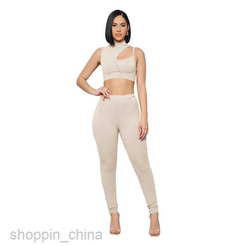 Women's Tracksuits solid color sports jogging suit Spring and summer solid color single shoulder hollowed out sleeveless top women sexy navel pan