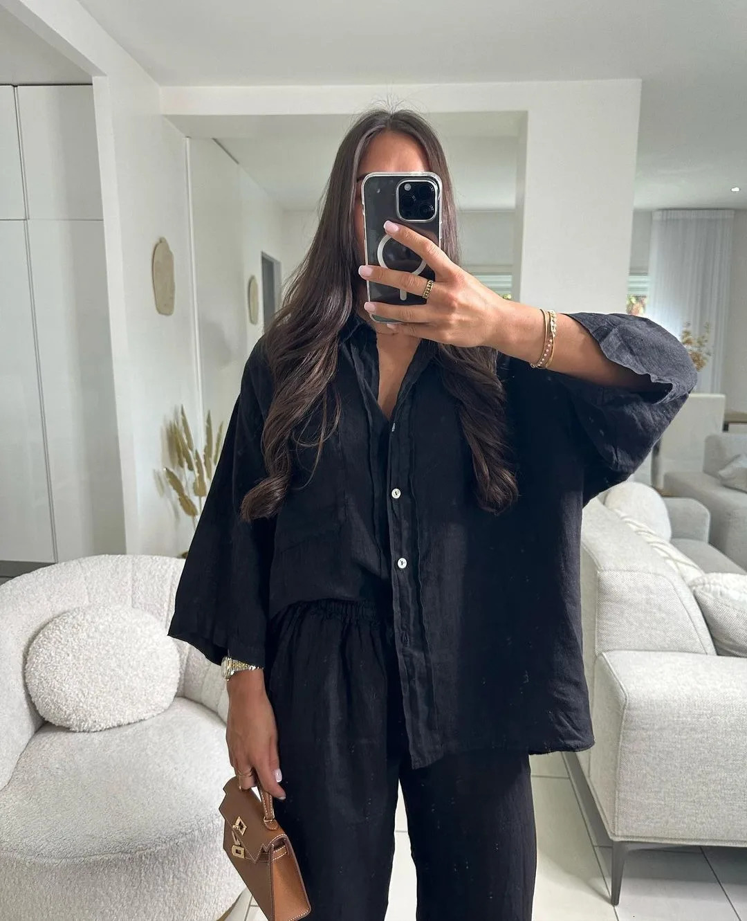 Women Streetwear Loose 2 Piece Sets Casual Solid Lapel V Neck Long Sleeve Single Breasted Shirt Wide Leg Pants Suit Homewear 240619