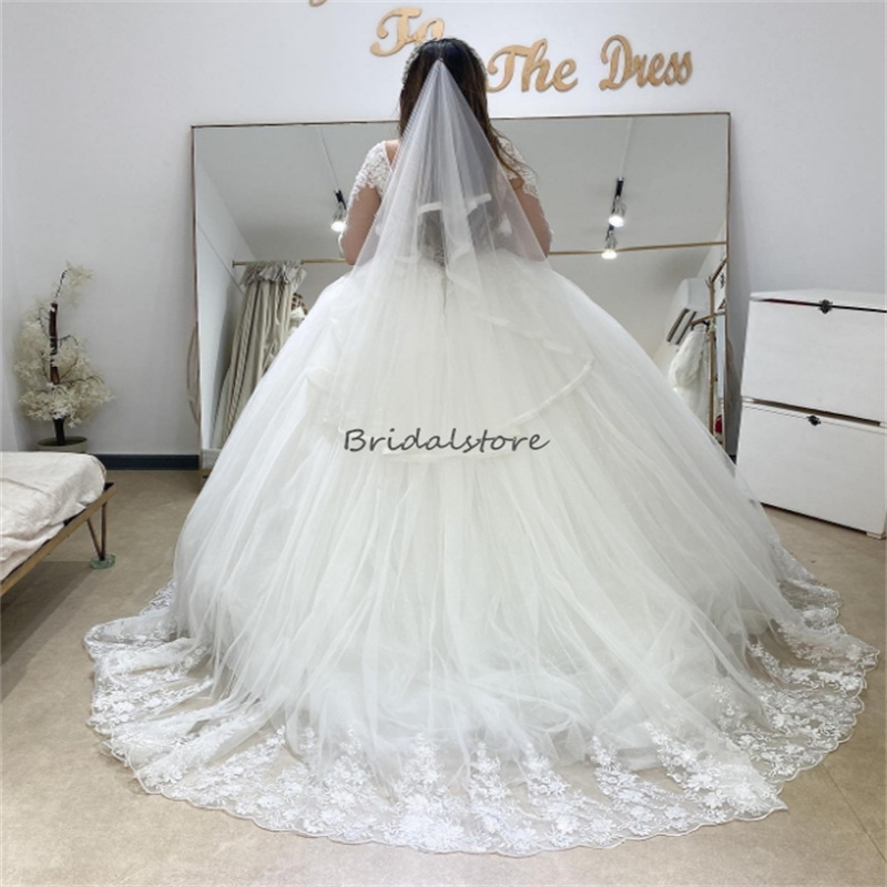 Puffy Ball Gown White Wedding Dresses 2024 Elegant V Neck Long Sleeve Lace Bridal Dress Appliques Backless Church Garden Bride Dress vestidos novias b