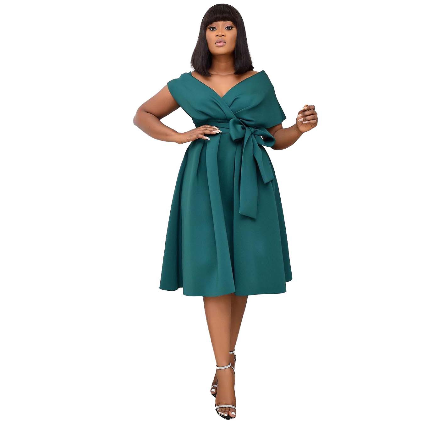 New African oversized women's short sleeved V-neck off shoulder large hem evening dress, European and American dress