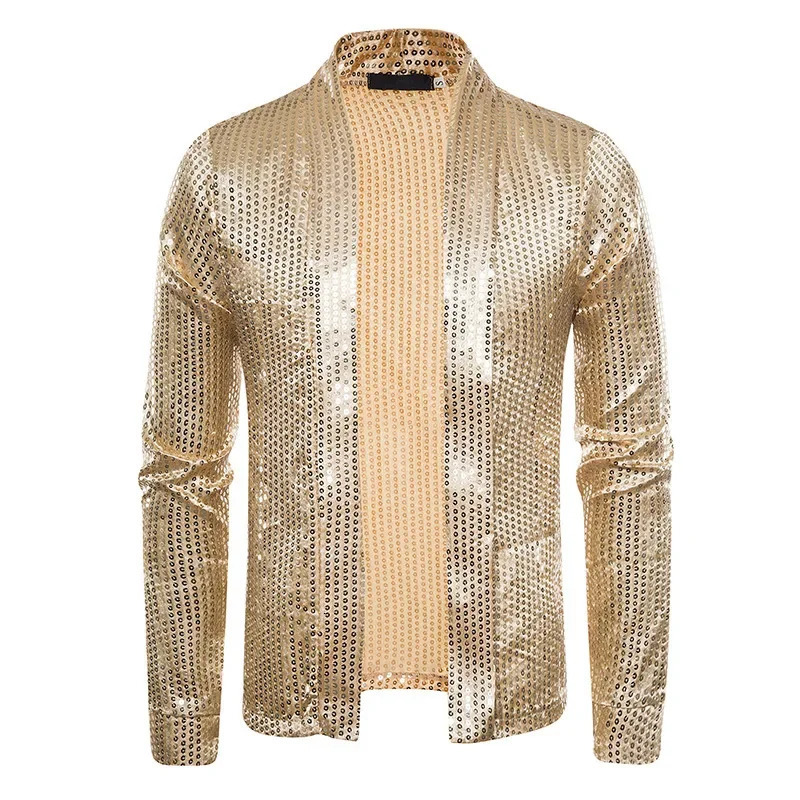 Mens Sequin Buttonless Cardigan Thin Long Sleeved Knit Shirt Mens Performance Wear Large Top 240615