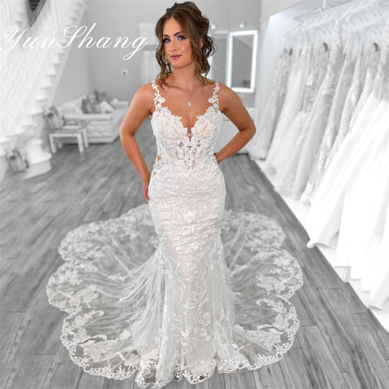 Yunshang Wedding Dress Women 2024 Mermaid Open Back V-Neck Lace Spaghetti Strap Bridal Gown Sweep Train Vestidos De Novia