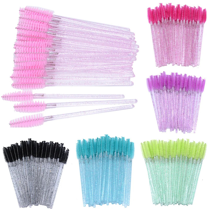 50pcs Disposable Eyelash Brushes Crystal Eye lash Mascara Wands Glitter Lash Comb Spoolies Micro Makeup Applicators 240620