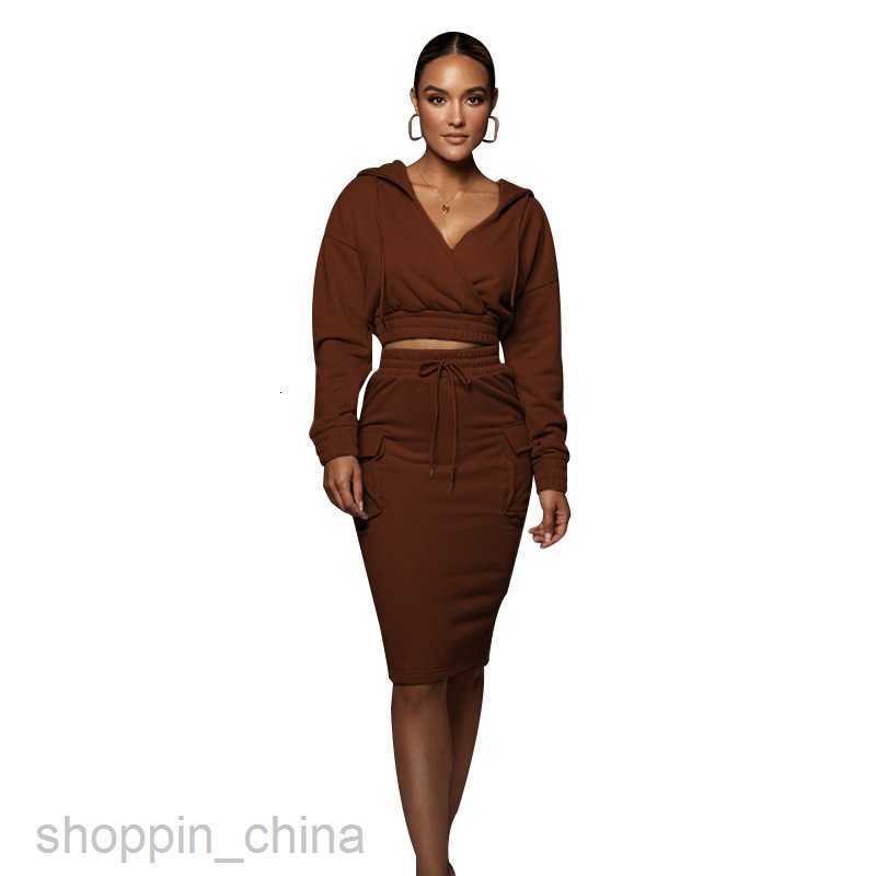 Two Piece Dress Sets autumn winter solid color V-neck hooded hip skirt women's urban leisure Long Sleeve Sweater Set