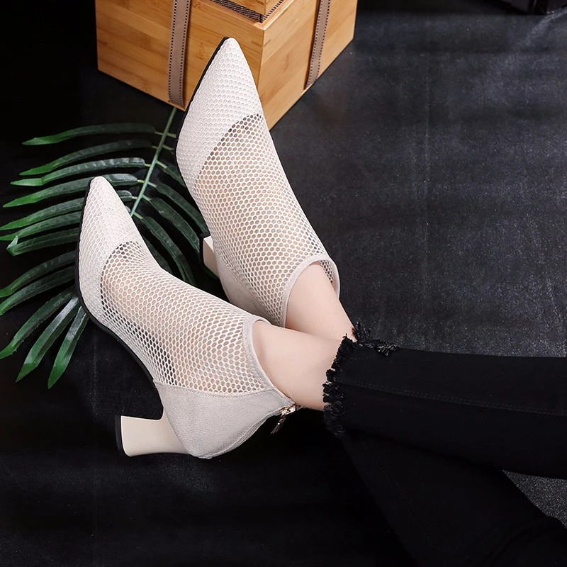 Summer Sexy Pointed Toe Thick Heels High Heels Women Baotou Hollow Breathable Mid-top Rear Zipper Womens Sandals 240620