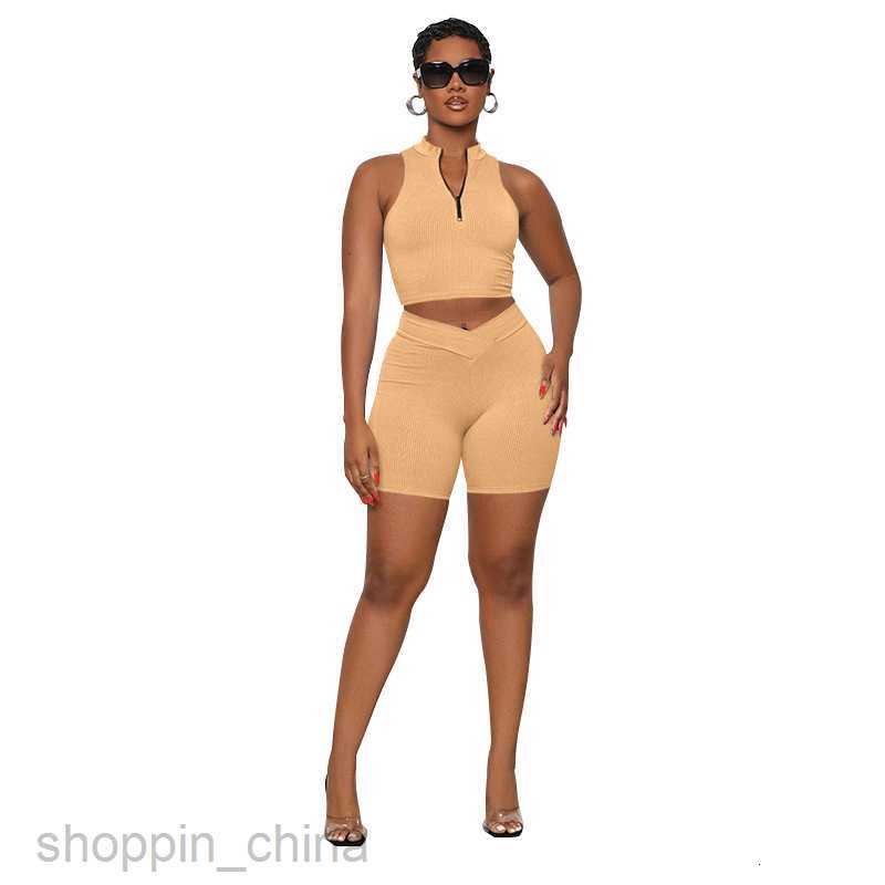 Women's Tracksuits Fashion solid color sports jogging suit Summer New Solid Color Sleeveless Zipper Collar Open Navel Women Casual Shorts Set Set