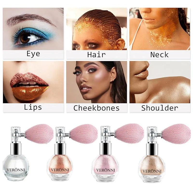 4 Color Gloss Powder Spray Glitter Gloss Spray Shimmer Powder Makeup Spray Suitable for Womens Face and Body Cosmetics 240620