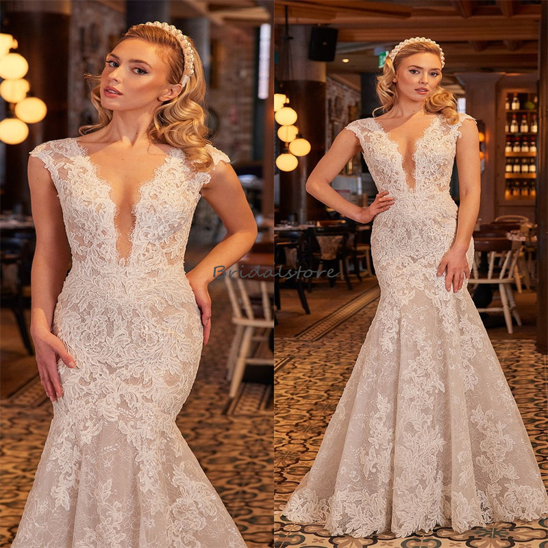 Charming Mermaid Lace Wedding Dresses 2024 Elegant Floor Length Appliques Country Bridal Gowns Cap Sleeeve Princess Garden Bride Dress vestido de noiv