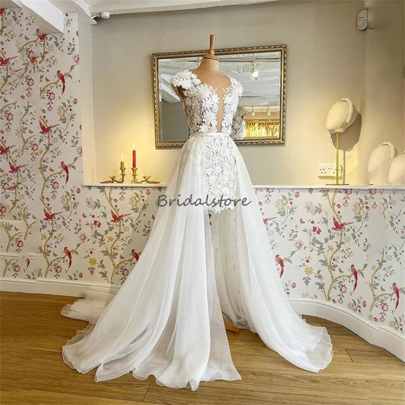 Celtic Gatsby Hi Low Wedding Dresses With Detachabla Train 2024 Flowers Backless Lace Boho Bridal Dress 2 In 1 Bohemian Bride Dress Cap Sleeve Country