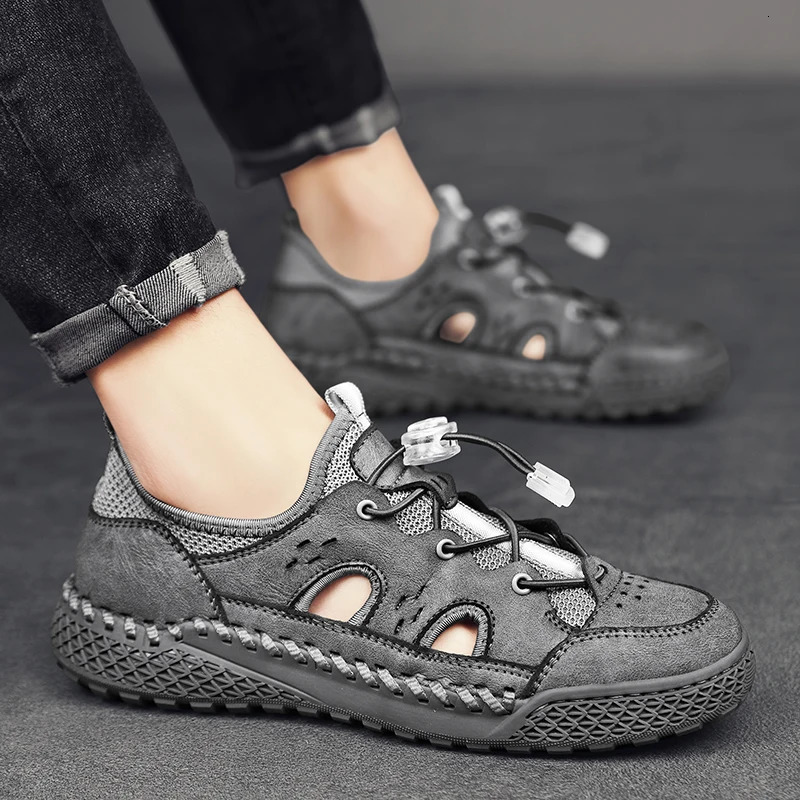 Mesh Breathable Leather Men's Casual Comfort Outdoor Sandals for Men Anti-collision Toe Hiking Shoes Mountaineering Travel Shoes 240620