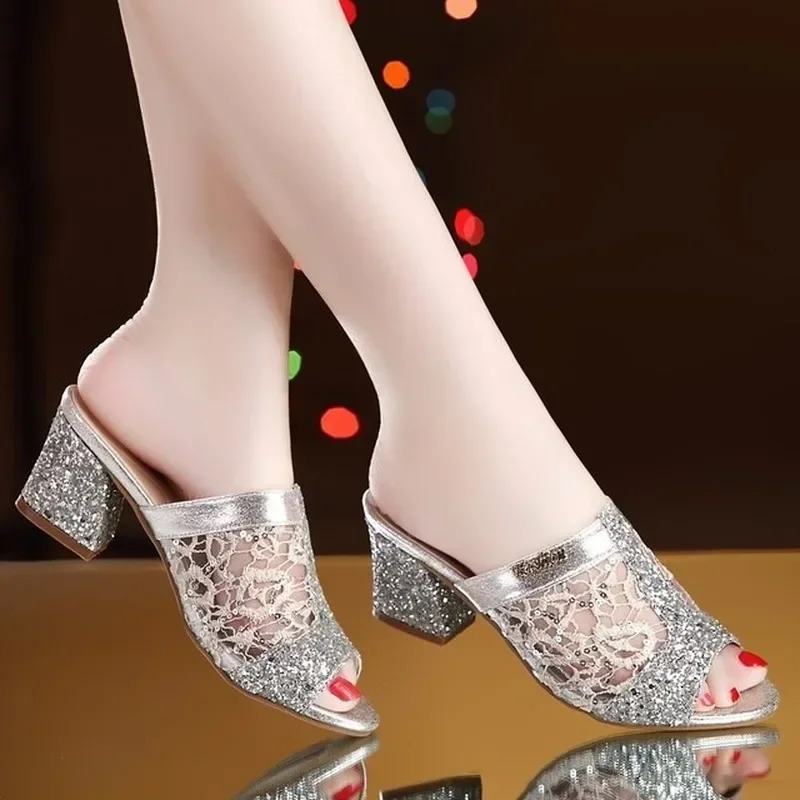 2024 Open Toe Sandal Woman Summer Lace Dress Sandals Women's Sequin High Heels Slippers Non-slip Square Heeled Gauze Pumps 240620