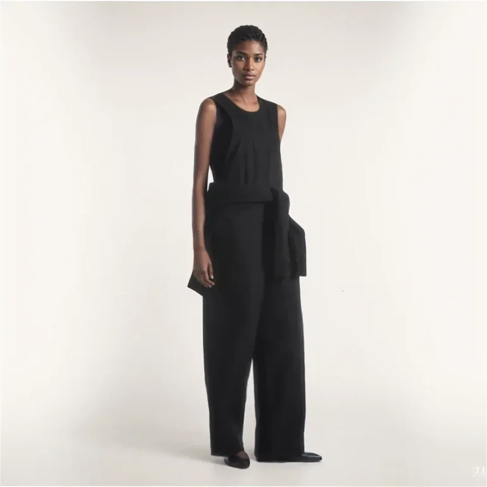 Cos Lris Spring Product Womens casual versatile wide leg suspender high waisted black jumpsuit 240618