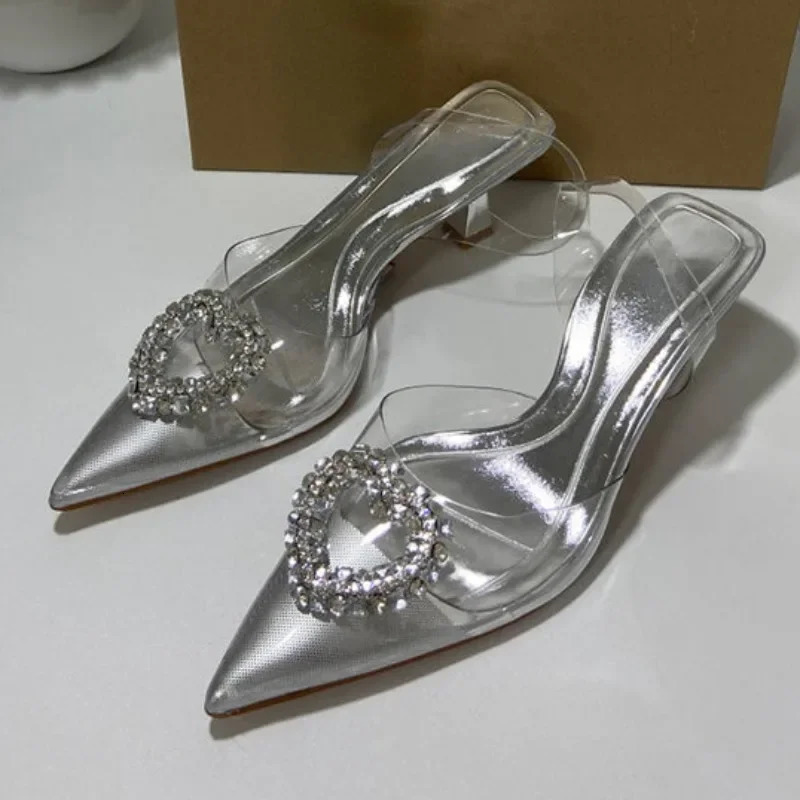 Shiny Diamond Transparent High Heel Sandals for Woman Summer Clear PVC Elegant Slingbacks Sliver Ladies Bridal Wedding Shoes 240620