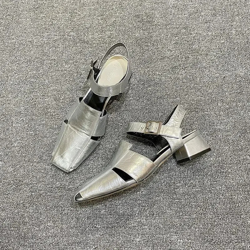 Summer hollow womens sandals silver short and chubby pump luxurious design with buckle sling back gladiator Roman shoes Zapatos De Mujer 240620