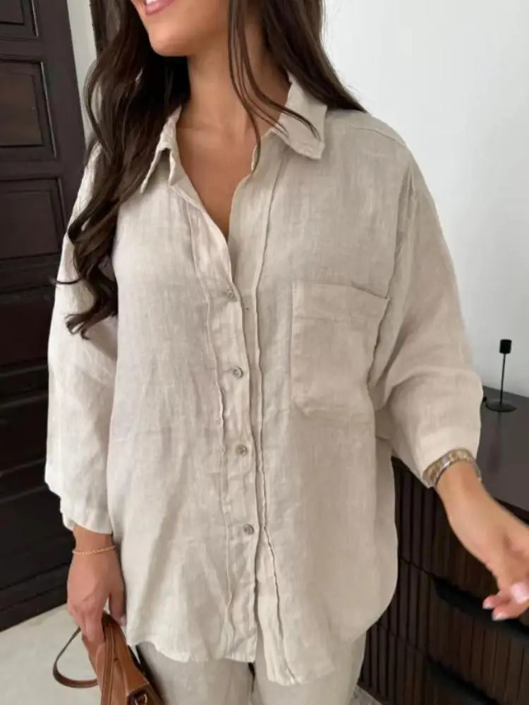 Women Streetwear Loose 2 Piece Sets Casual Solid Lapel V Neck Long Sleeve Single Breasted Shirt Wide Leg Pants Suit Homewear 240619