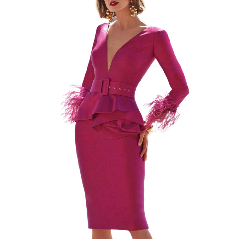 Fuchsia Sheath Knee Length Prom Dresses With Feather Long Sleeves Deep V-Neck Satin Simple Special Occasion Dress For Women 2024 Elegant Evening Forma