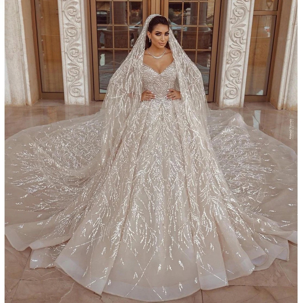 Illusion A-e Women Wedding Dress V Neck Long Sleeves Bridal Gown Sequins Chapel Train Dresses Custom Made