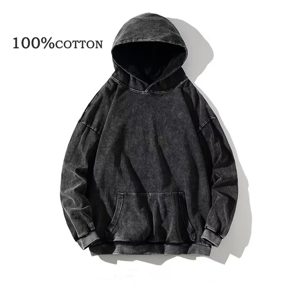 100% Cotton Mens Clothing Vintage Black Acid Wash Hoodies Men Women Oversized Hip Hop Sweatshirts Casual Pullover Y2K Clothes 240617