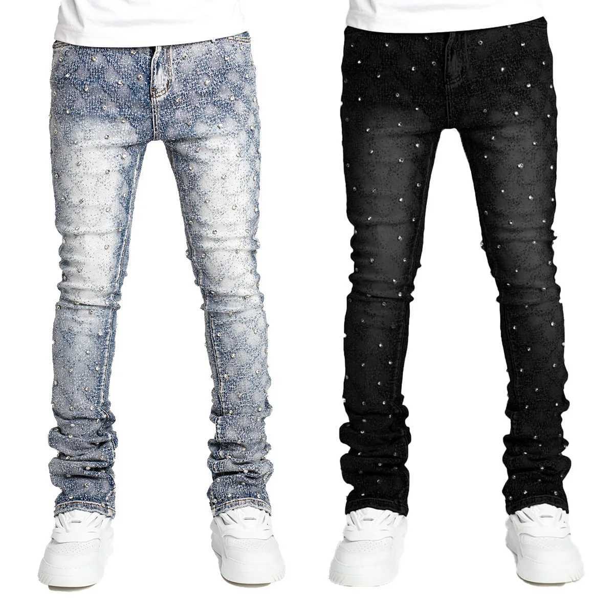 Men's Jeans Stretchy Pearls Mens Tight Jeans 2024 New Fashion Rhinestone European Strt Personality Stacked Denim Pants T240619