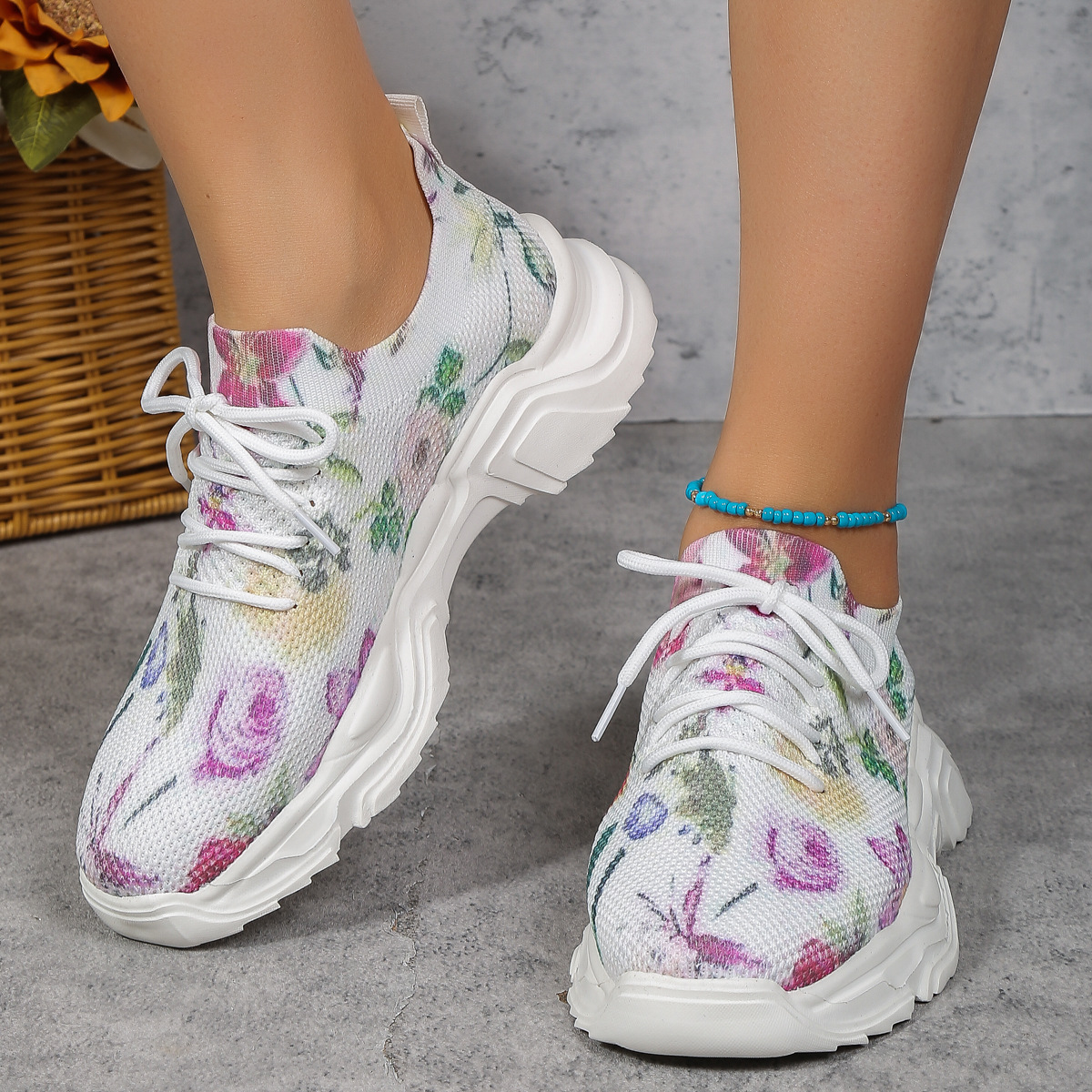 Casual Flower Ddmysports Women Fashion Flat Sole Running Shoes Lace Up Lightweight Mesh Sneakers Outdoor