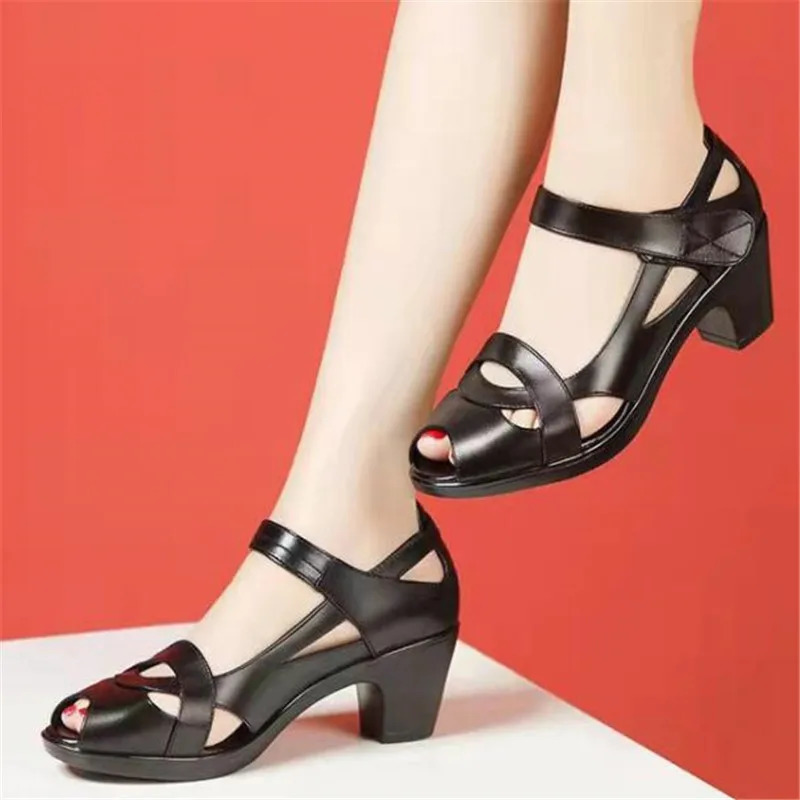 Roman Sandals Womens Soft Sole Comfortable Mothers Shoes Summer Leather Fish Mouth Thick Heel Hollow Out Non Slip Sandalis 240621 - view 5